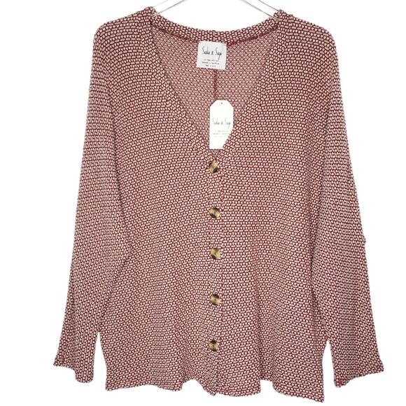 Sadie and Sage L NEW Uma Cardigan V Neck Button Front Red White - Picture 1 of 11